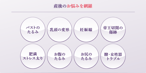 産後のお悩みを網羅 バストのたるみ / 乳頭の変形 / 妊娠線 / 帝王切開の傷跡 / お腹のたるみ / 産後の肥満 / お尻のたるみ / 女性器トラブル